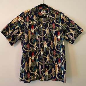 Vintage Hawaii Print Blue Surf Board Short Sleeve Button Down Shirt Cotton XL